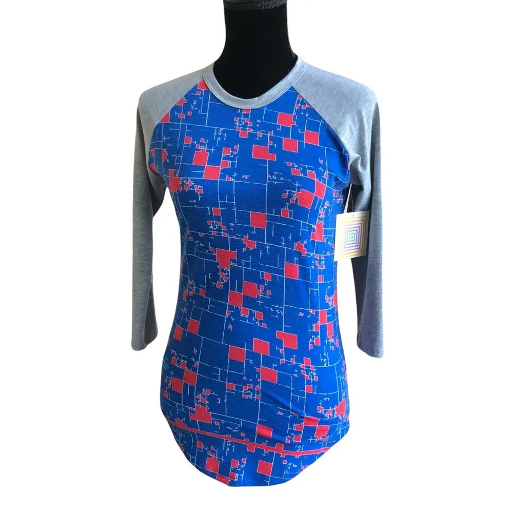 LuLaRoe Womens Top Sz XXS Randy Baseball Tee Gray Blue Red Digital Pixelated NEW - Image 2
