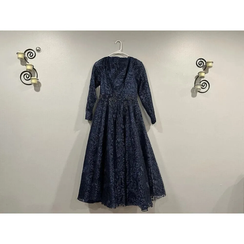 Mac Duggal 112181 Long Sleeve A Line Cocktail Tea Length Dress Midnight Blue 6 - Image 5