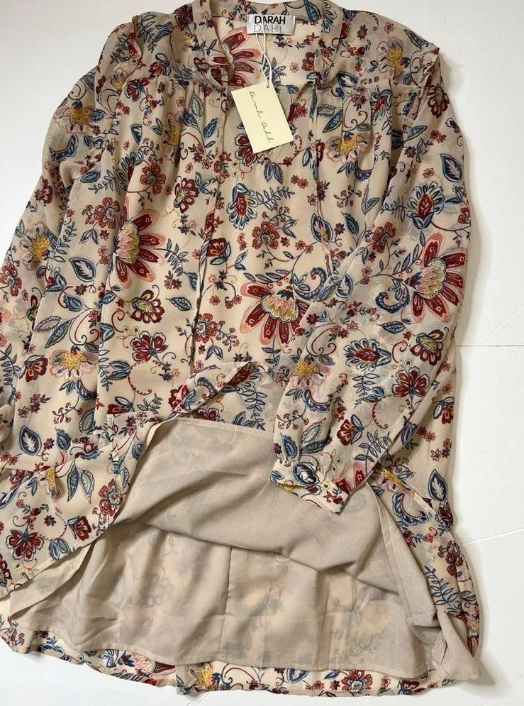 Darah Dahl Cream/Red/Blue Paisley Floral Boho Mini Dress Sz M Women Size M - Image 9