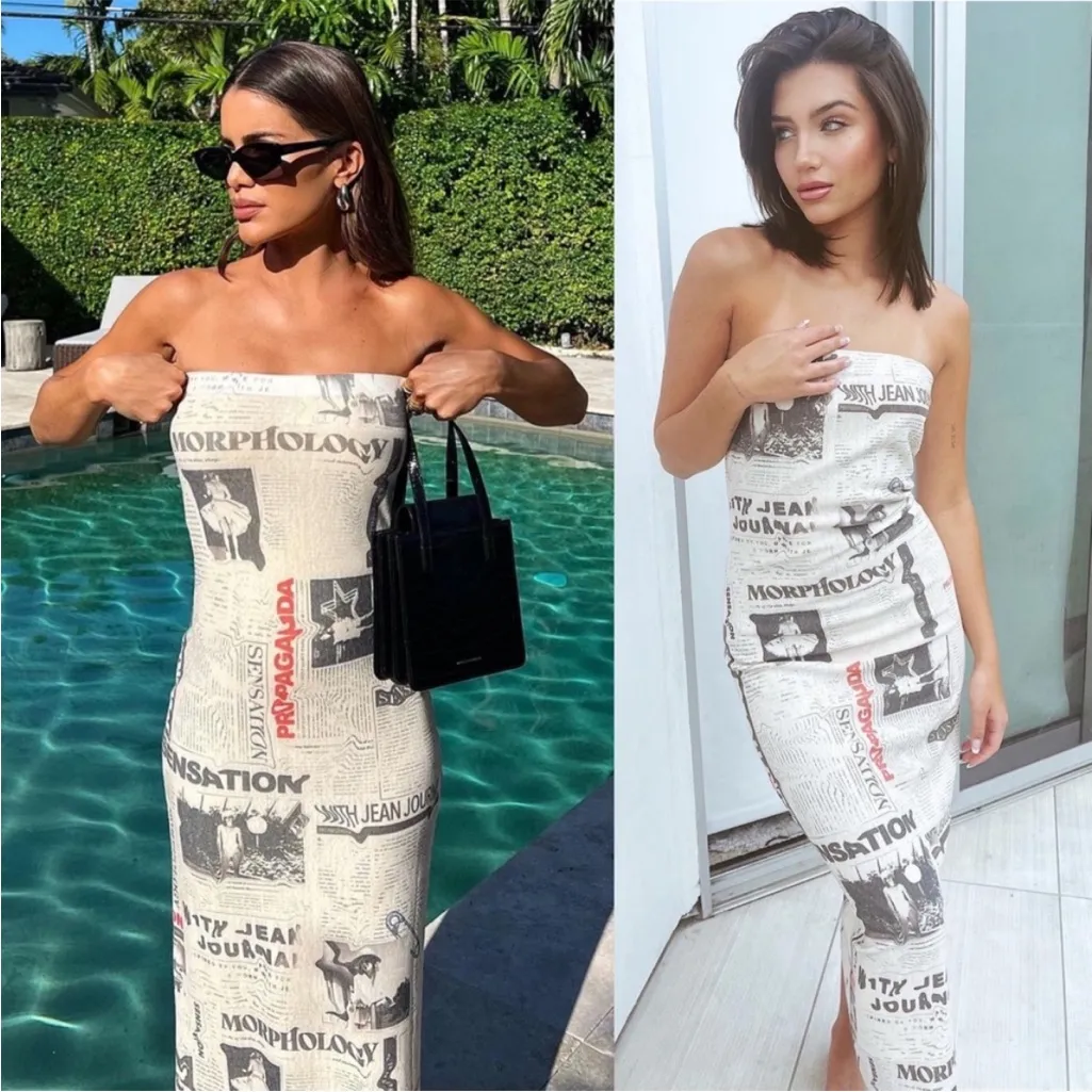 With Jéan Frankie Strapless Midi Dress in Read
All About It Print - Image 5