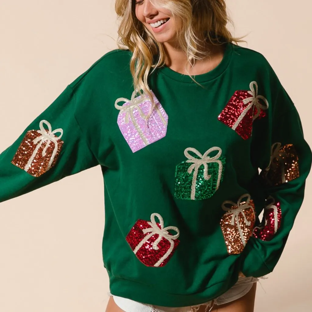 BiBi‎ Sequin Christmas Gift Box Embroideries Pullover Green - Image 9