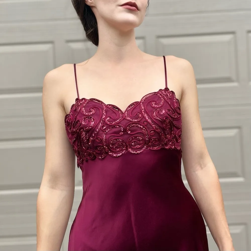 90s Vintage Burgundy Sequin Embellished Satin Slip Maxi Dress Formal Gown 4/6 Red - Image 3