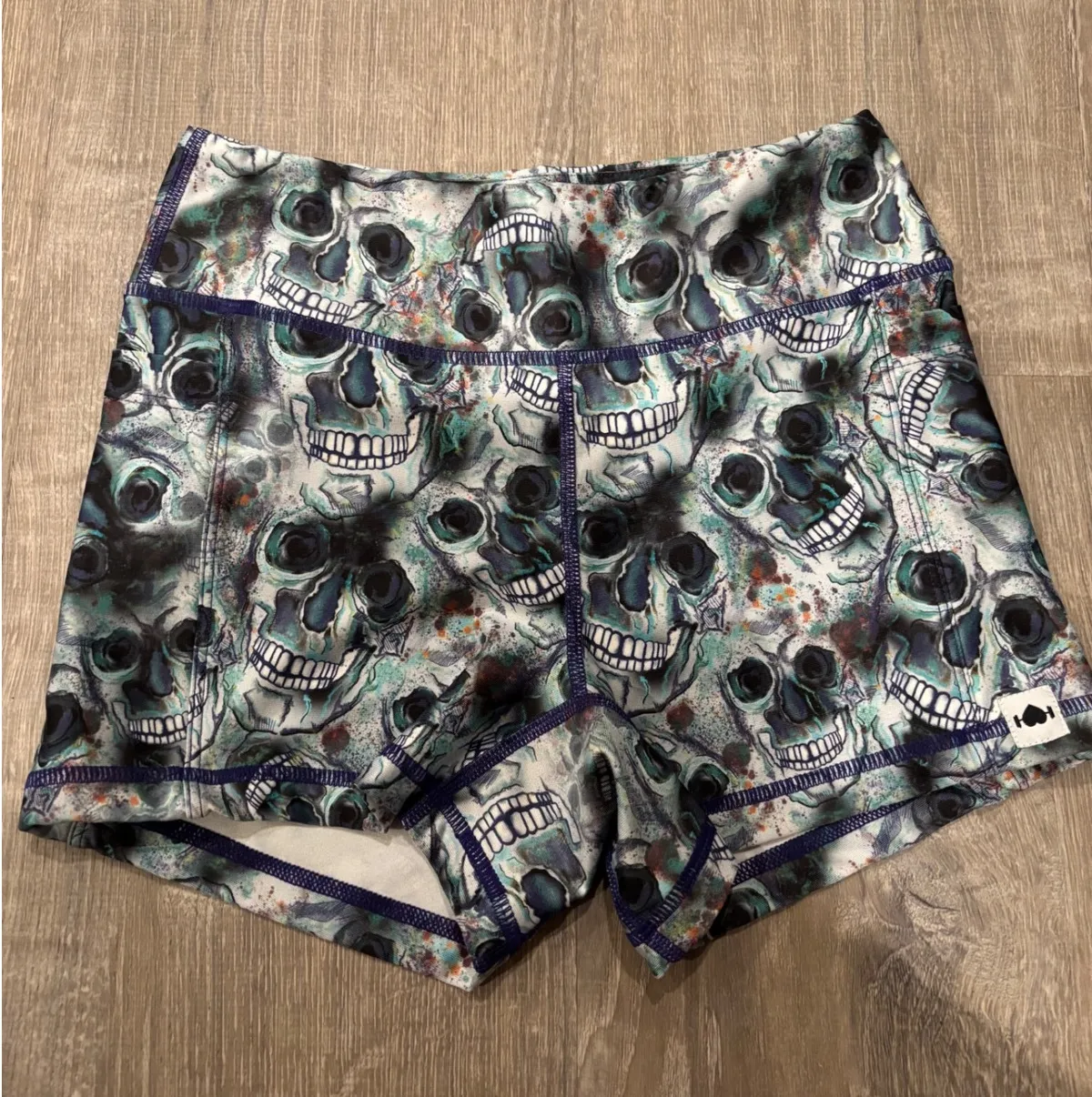 Wod Bottom Skull Print Athletic Shorts High Waist Activewear small Blue - Image 1
