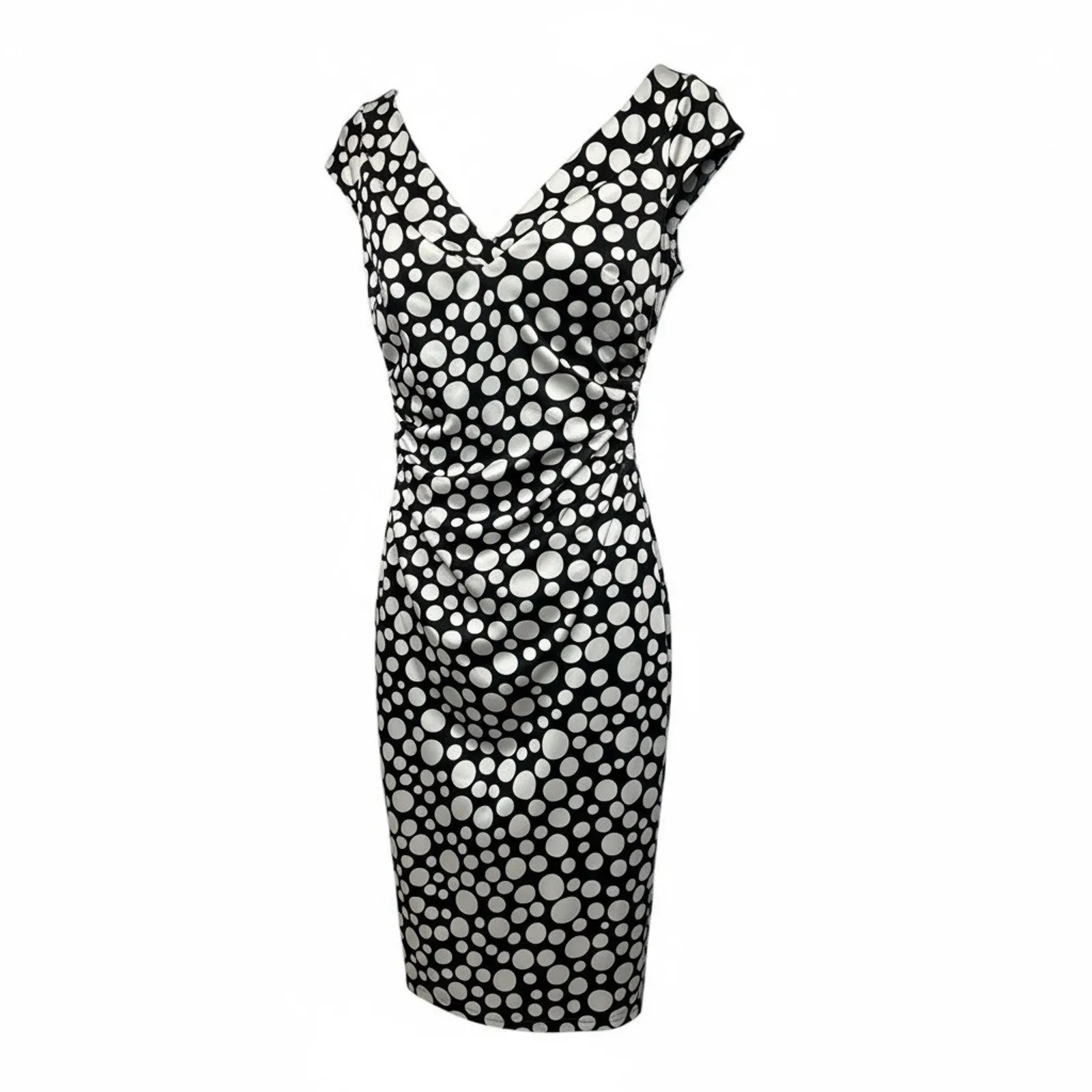 Maggy London Black and White Ruched Wrap MidiDress Size 6 cap sleeves polka dot - Image 3