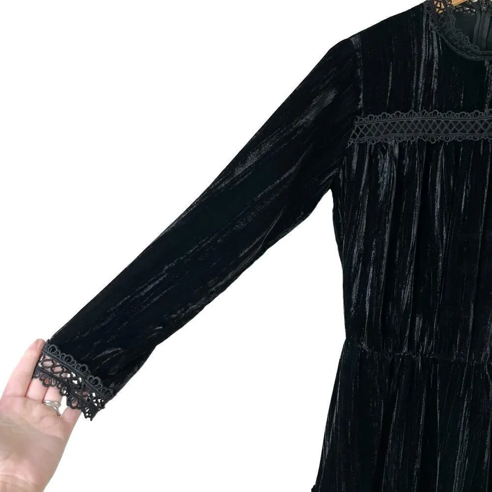 Shoshanna Primrose Velvet Dress Jet Black Long Sleeves Mock Neck Crochet Trim, 6 - Image 8