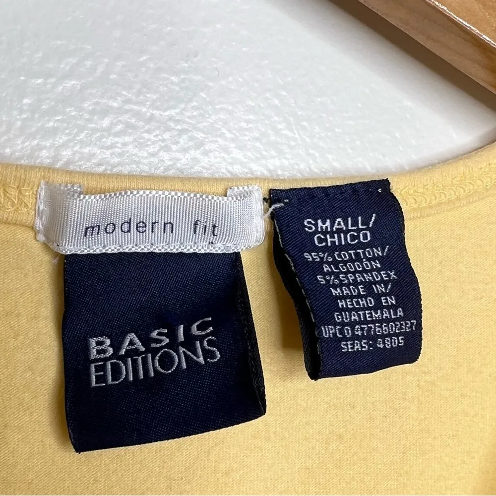 Vintage 90’s Basic Editions Cotton Stretch T Shirt Size Small Modern Fit Yellow - Image 2