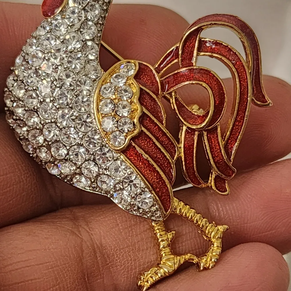 Gold with Clear Crystals and Red Enamel Red Enamel Rooster Brooch Pin - Image 3