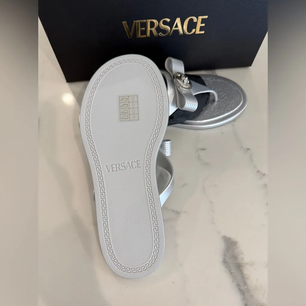 Versace  Silver Bow Flip Flops - Image 5