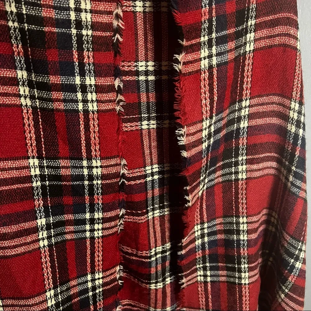 Vintage red plaid poncho fringe body wrap flannel scarf - Image 5