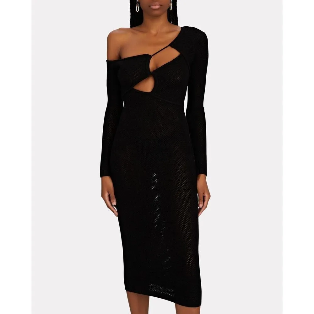 Ronny Kobo Dress Black One Shoulder Cut Out Crochet Knit Midi Dress Size S‎ Black - Image 6