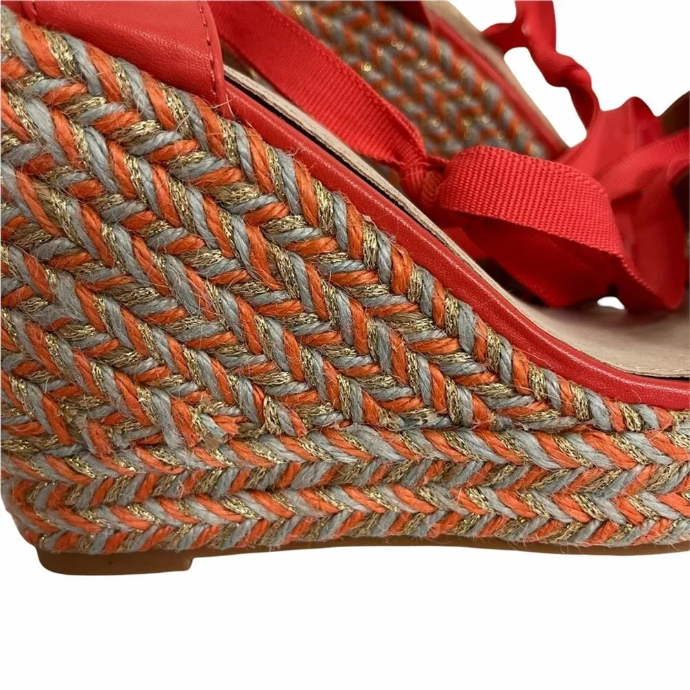 NWOT VANESSA WU Espadrille Wedge Coral Gold Gray Raffia Yarn Size 40/ US 10 - Image 5