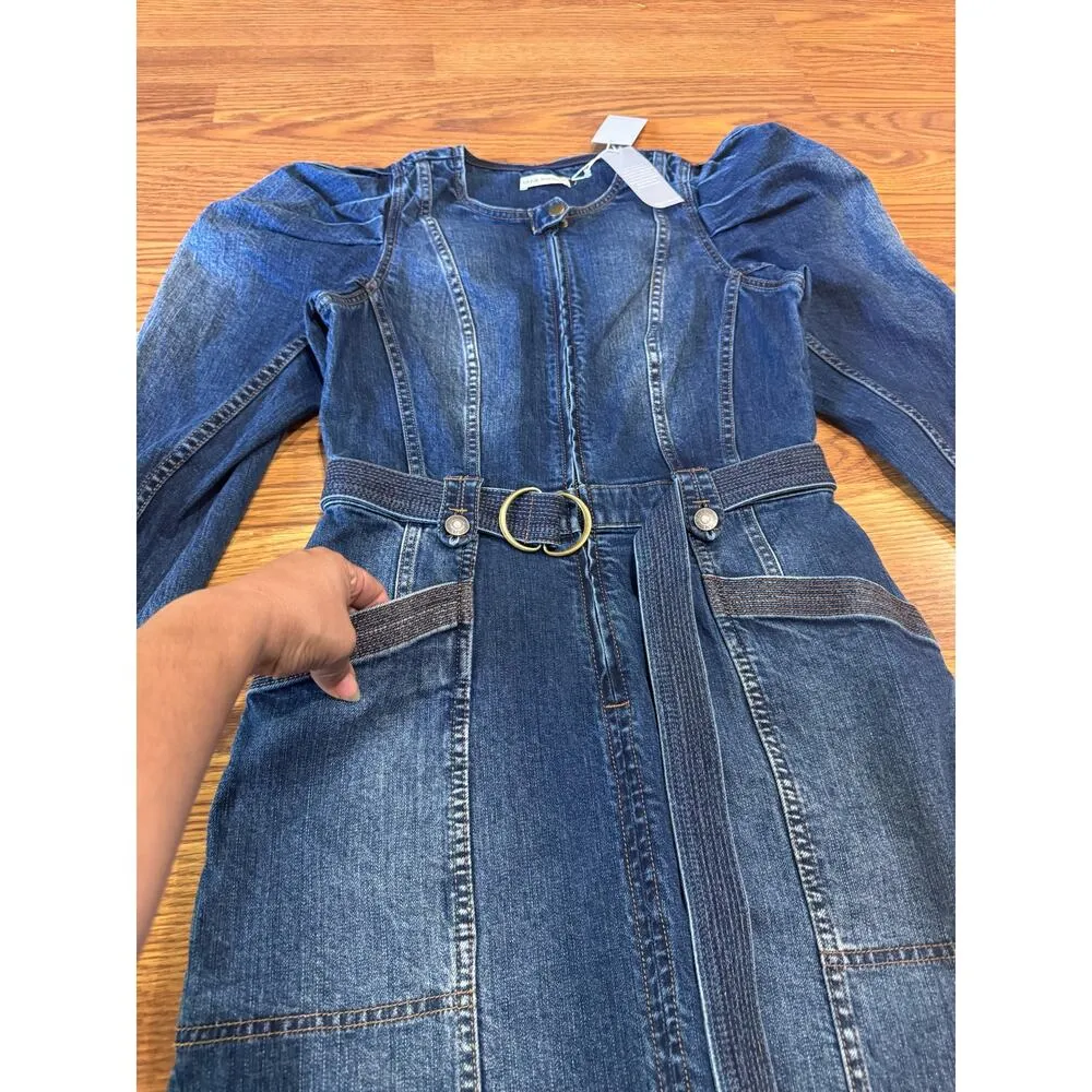 ULLA JOHNSON Cori Dress Dark Wash denim long puff sleeve romper size 4 - Image 13