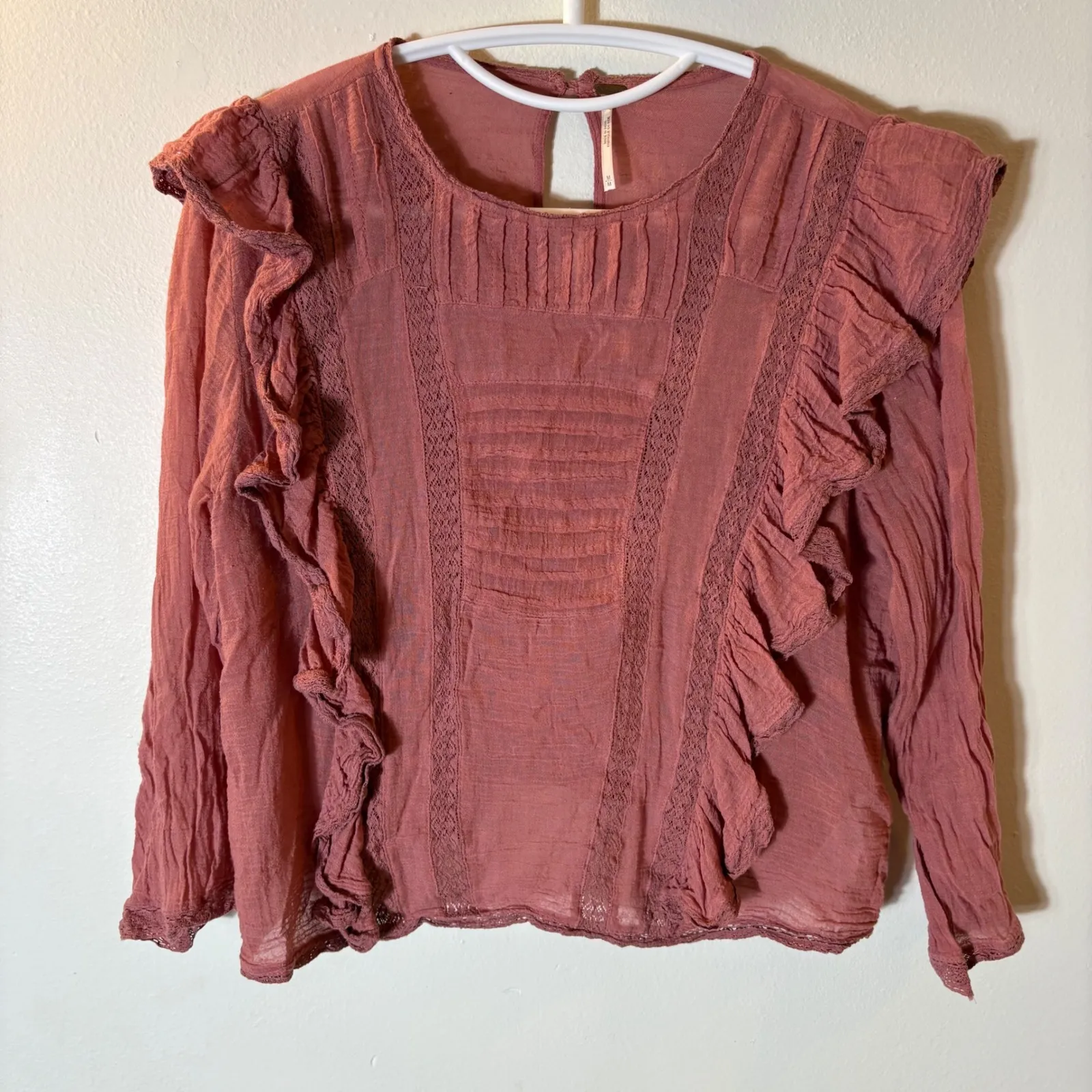 Free People Jasmine Ruffle Lace Boho Peasant Gauzy Victorian Cotton Blouse M - Image 2