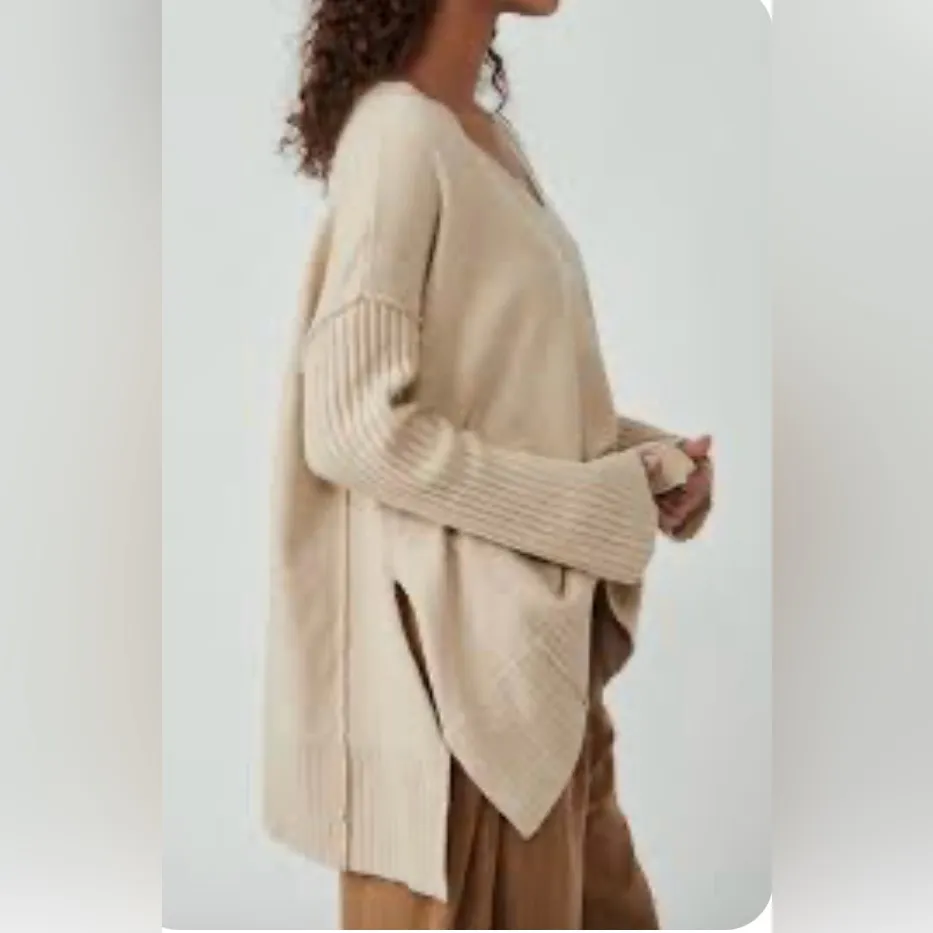 Free People Beige V-Neck Sweater - Image 3