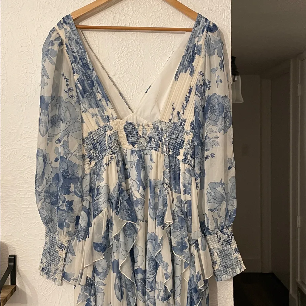 Anthropologie BHLDN Long Sleeve Chiffon Blue Floral Maxi Dress Size Medium - Image 7