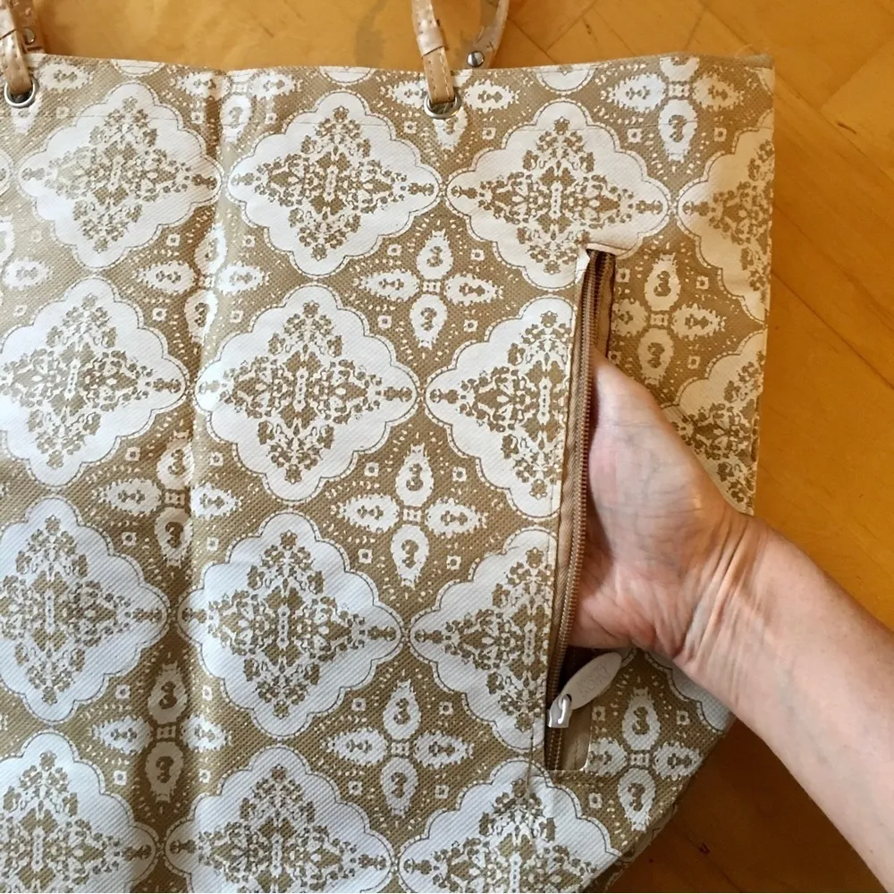 Floral Open Top Tote Bag, Leather Straps, Tan, White Tan - Image 11