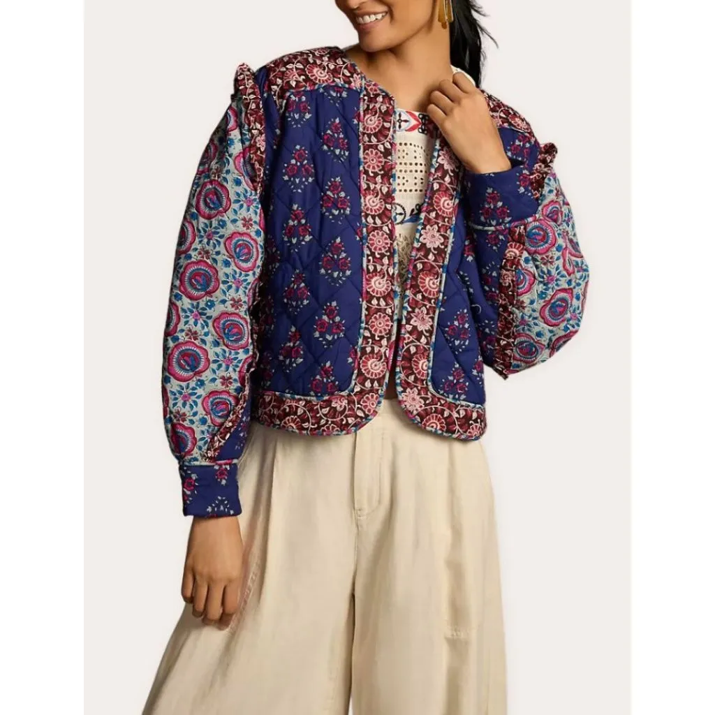 LLANI x Anthropologie Quilted Ruffle Trim Jacket Size XS / S NEW NWOT Blue - Image 5