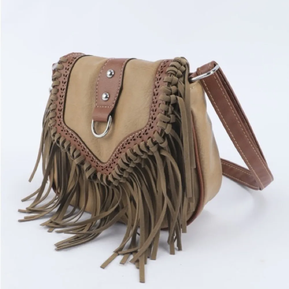 Western Fringe Suede Crossbody Bag Boho Brown & Taupe Saddle Style NWT - Image 4