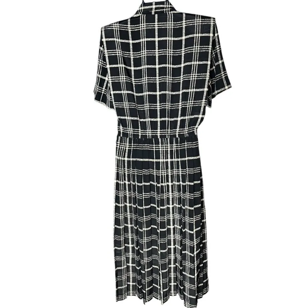 Vintage Leslie Fay Size 10 Windowpane Plaid Pocket Shirt House Dress Black White - Image 5