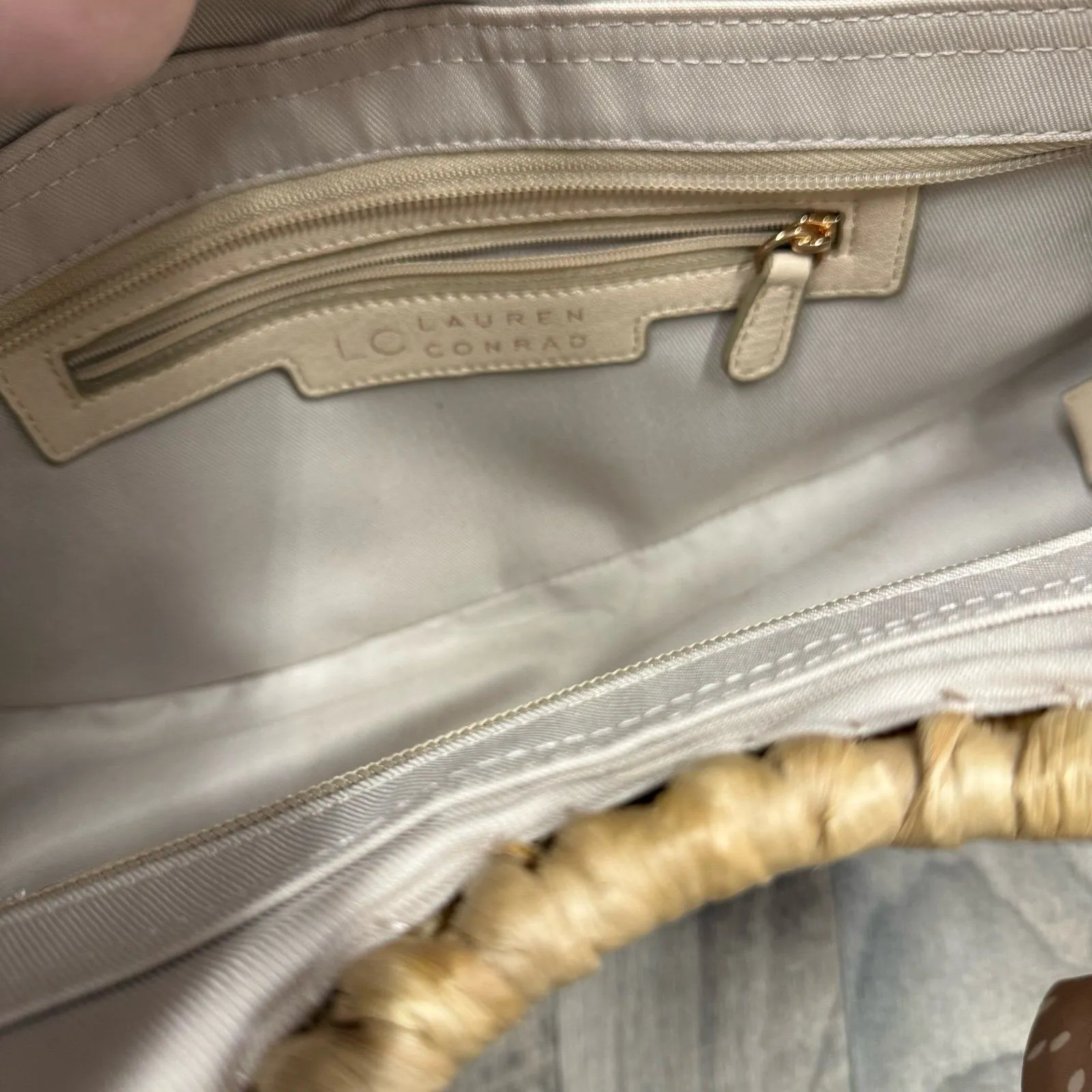 Lauren Conrad Straw woven handbag with polka dotted scarf - Image 7