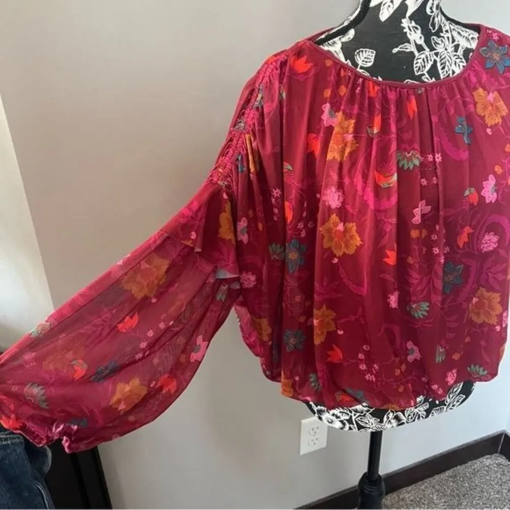 Free People Wildflower honey print top shirt long sleeve blouse medium - Image 6