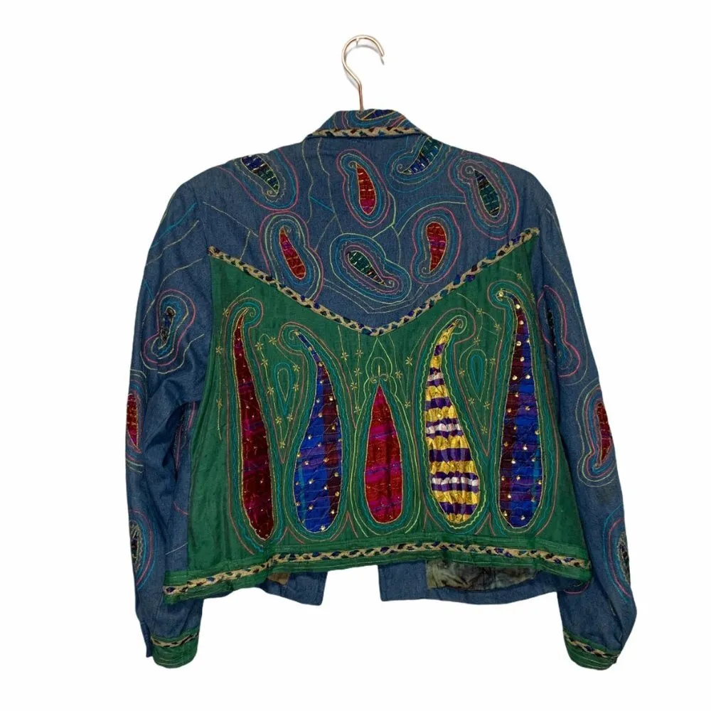 Anage Denim Embellished Paisley Jacket Sz Large Blue - Image 4