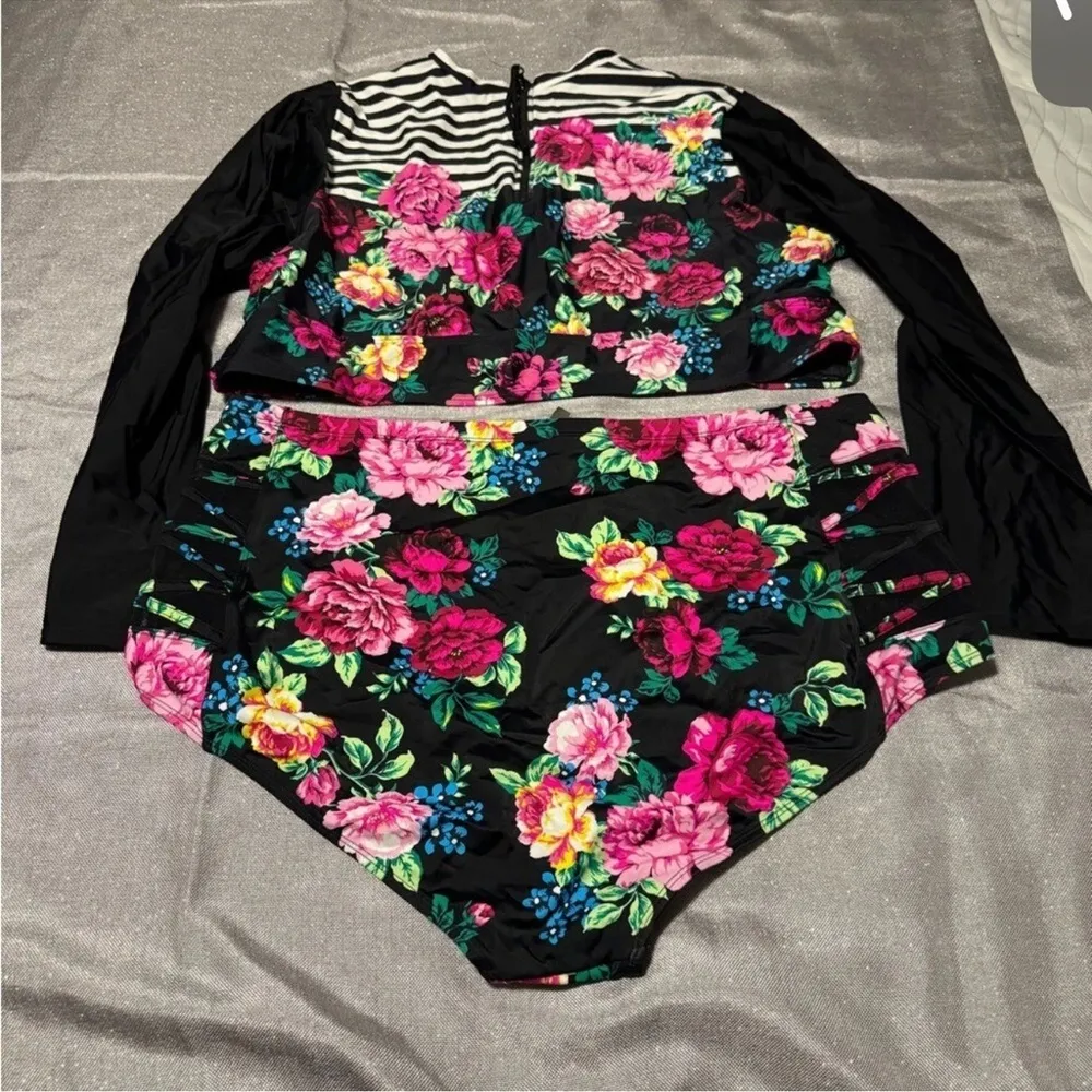 Torrid Striped Floral Bikini Swimsuit with Pink and Blue Accents - Image 2