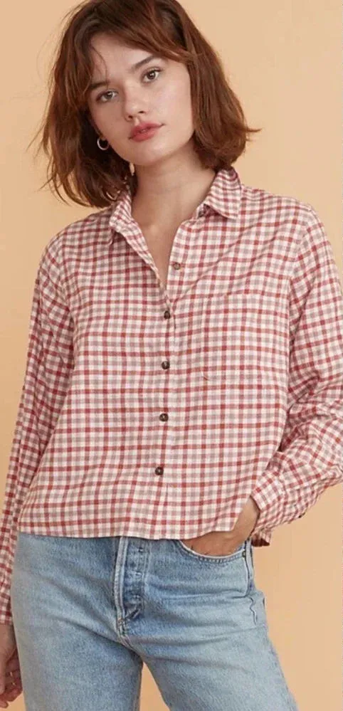 Marine Layer Madeline Relaxed Crop Shirt in Red & White Plaid Size US Medium - Image 1