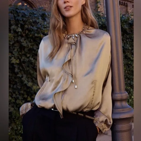 Zara NWT taupe satin drawstring detail bomber zip front jacket - Image 2