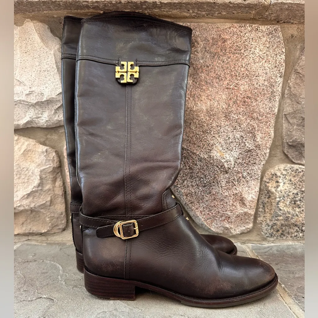 Tory Burch Eloise Brown Leather Gold Logo Riding Knee High Boot Shoes - Image 2