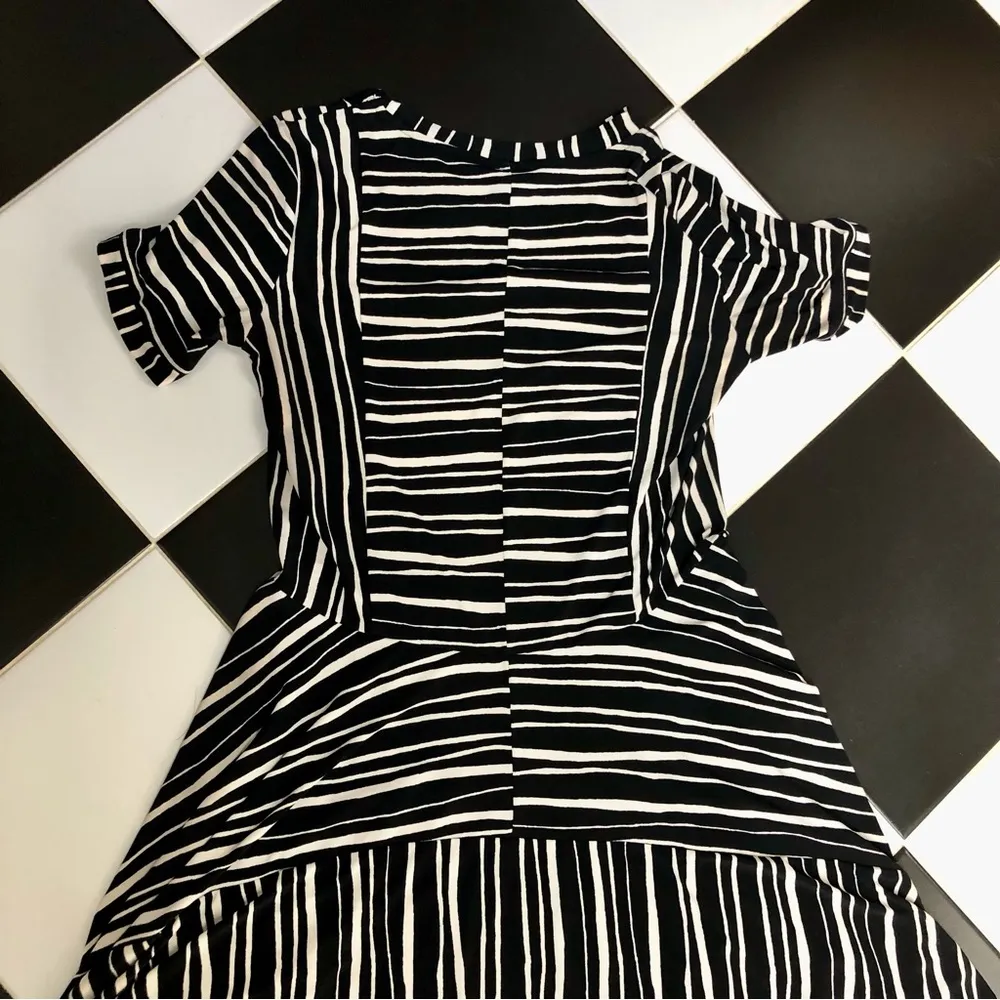 Striped Fit & Flare Asymmetrical Mini Dress Handkerchief Hem Black White M - Image 11
