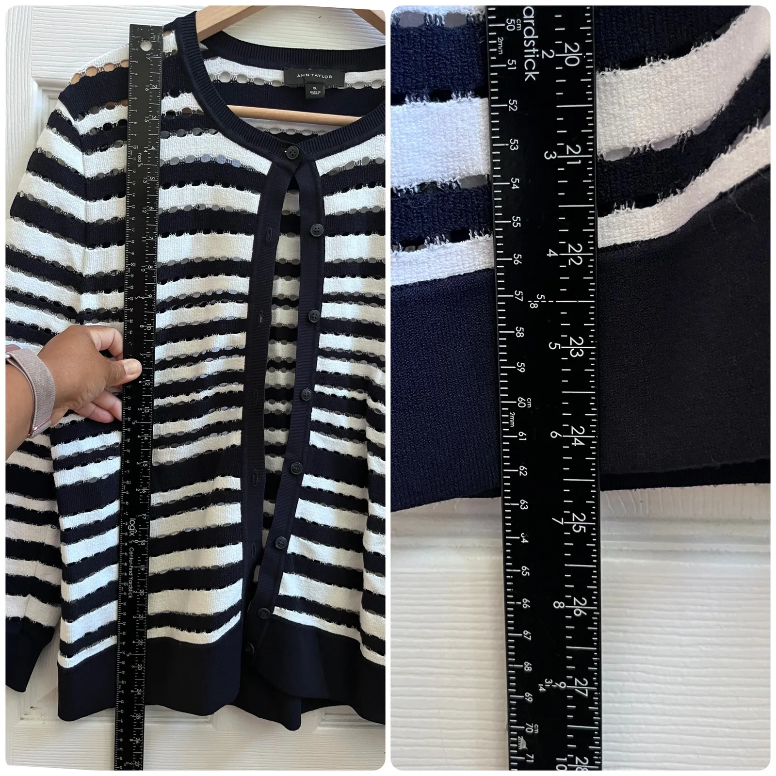 Ann Taylor Blue White Viscose Blend Eyelet Cardigan Size XL Office Nautical - Image 10