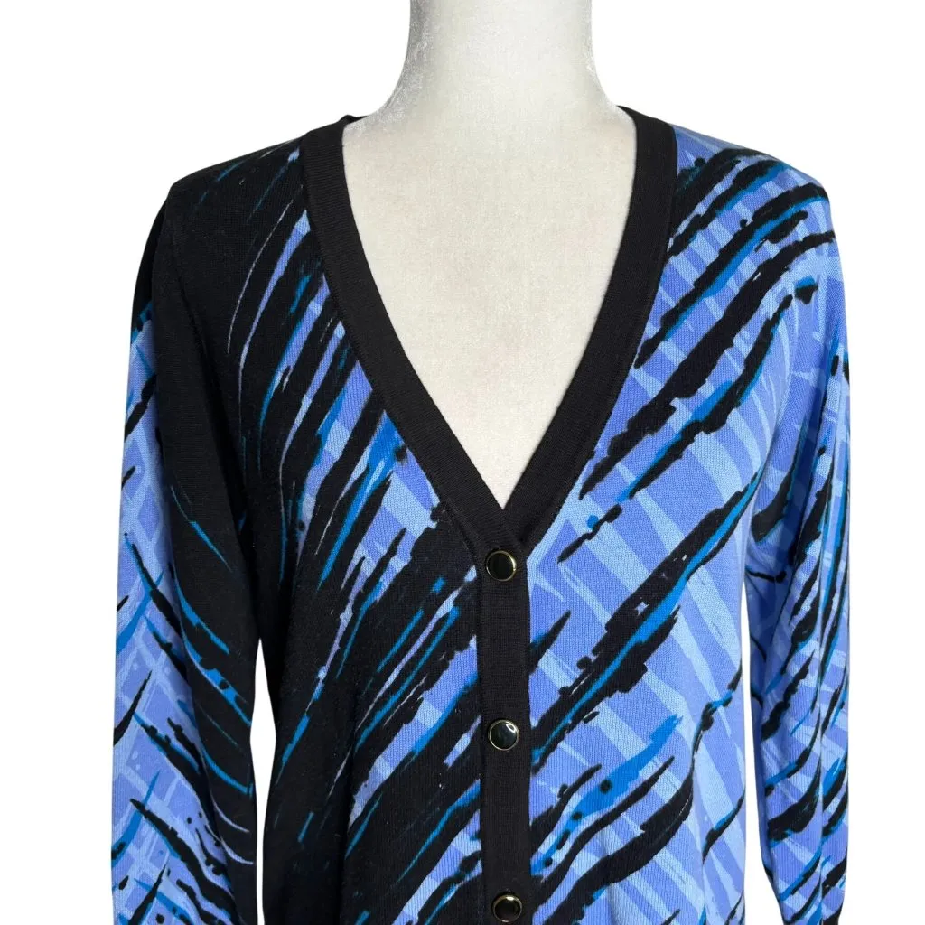 Bob Mackie Wearable Art V-Neck Cardigan Sweater XS Blue Black Cotton Abstract - Image 2