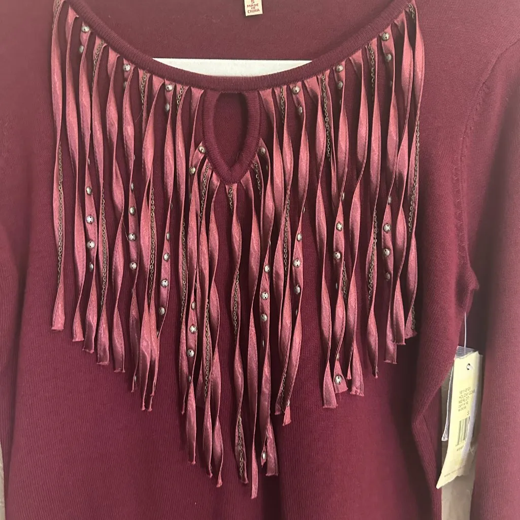 Reba Holiday Gems Merlot Sweater Small Tassel Keyhole‎ Front Studded NWT - Image 3