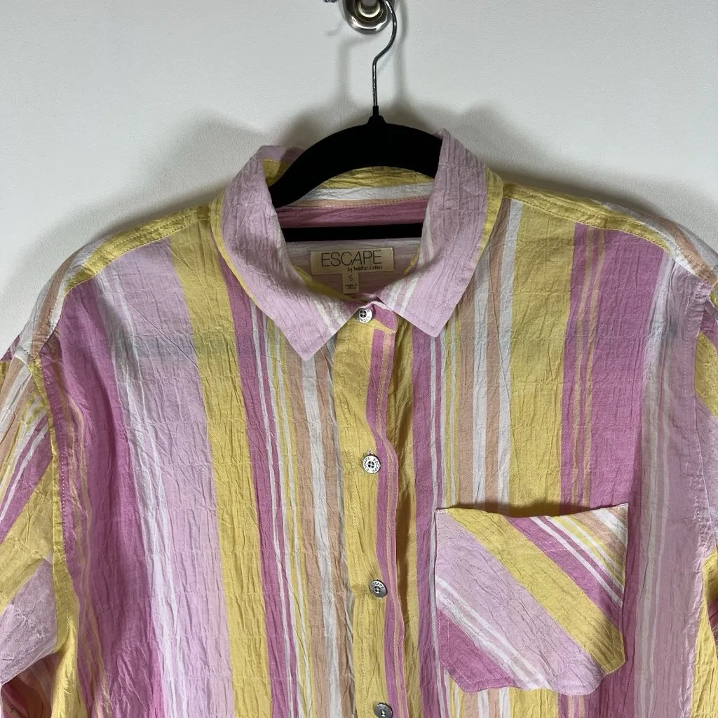 Escape By Habitat Pink Yellow Striped Blouse Sz S‎ Tunic Gauze Beachy Resort NWT - Image 2