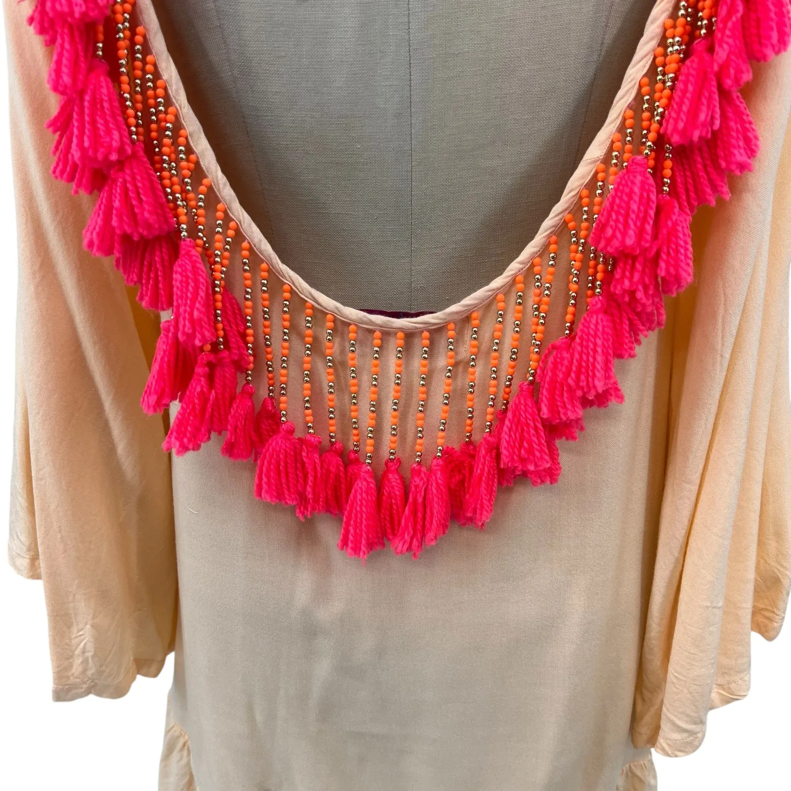 Sundress Indiana Dress‎ Tunic Beach Tasseled Beaded Peach Neon Pink Size XS Orange - Image 11