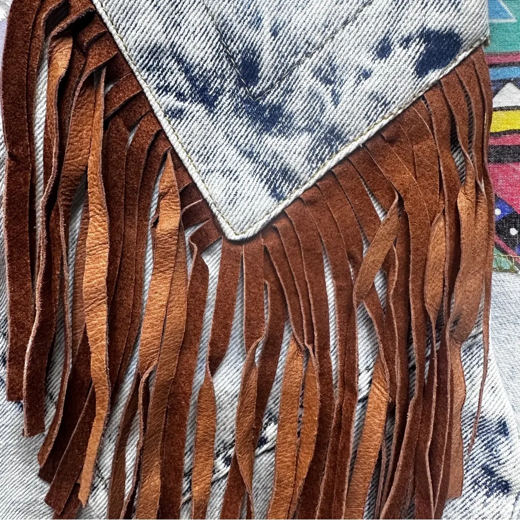 Western 80’s Stone Washed Fringe Denim Vest by Bazerk Medium Blue - Image 12