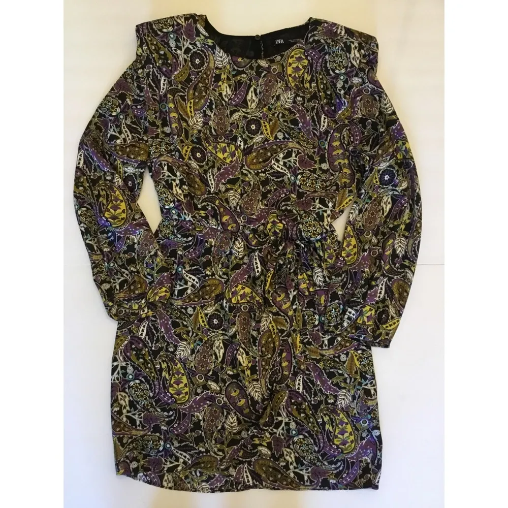 Zara Purple/Black Paisley Print Design Keyhole Back Mini Dress Sz S Women - Image 3
