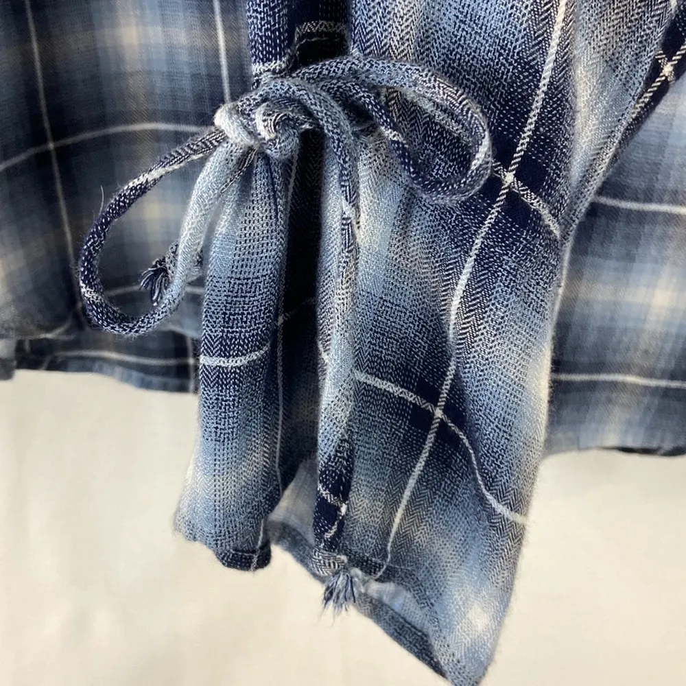Crescent Blue Plaid Lightweight Flannel with Tie Bell Sleeves Size Medium - Image 3