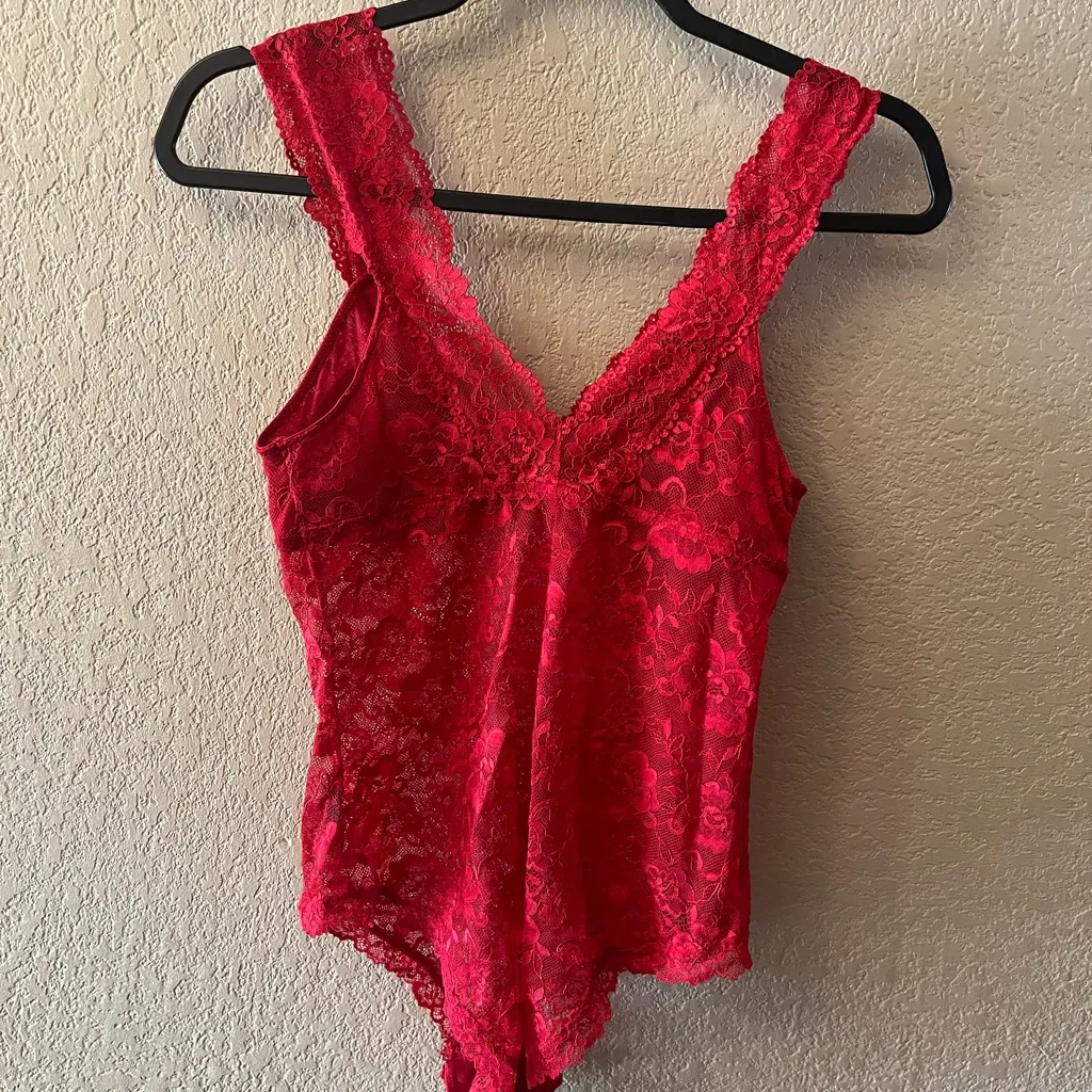 Delicate Red Lace Bodysuit with Open Back - Image 2