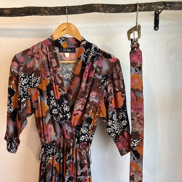 D' Lim Vintage Abstract Pink Floral Long Sleeve Dress with Belt Pockets Size XS - Image 2
