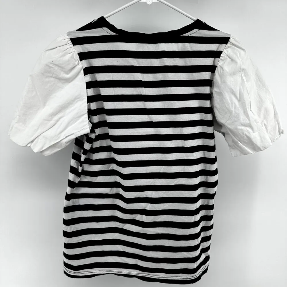 Karl Lagerfeld Collegiate Stripe Tee Poof Puff Sleeve Knitted White Black Small - Image 7