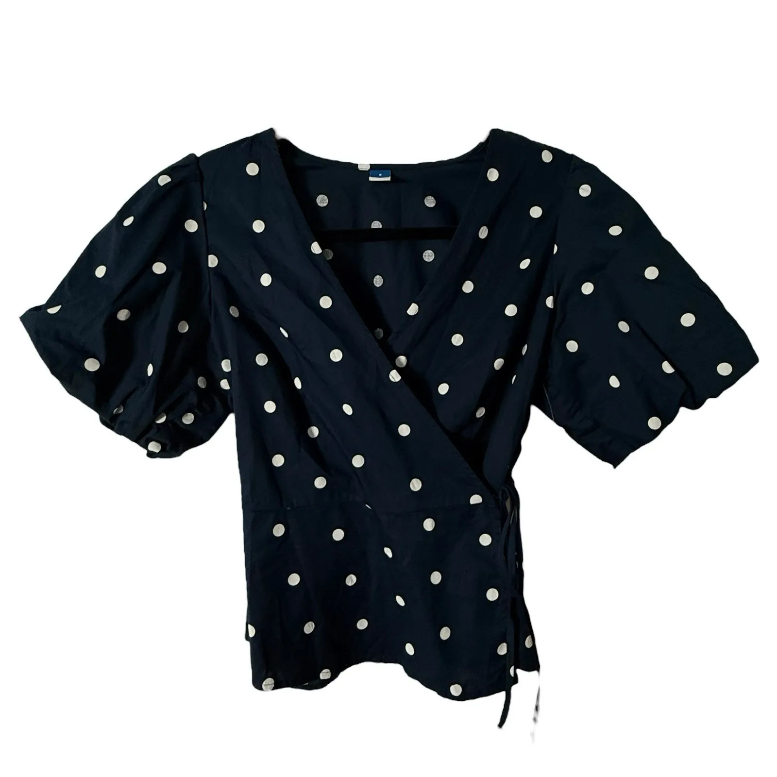 Old Navy Wrap Blouse‎ S Waist-Defined Puff Sleeve Navy Blue Floral Polka Dot - Image 3