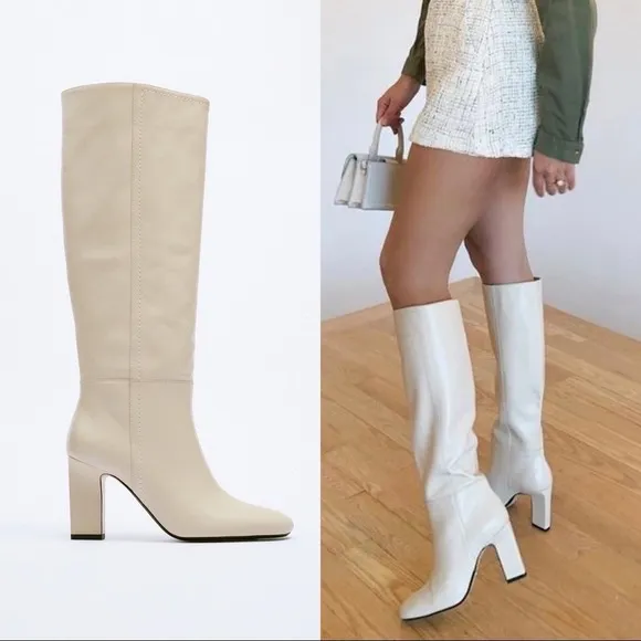 Zara knee high leather boots white cream blogger byfar toteme khaite the row - Image 2