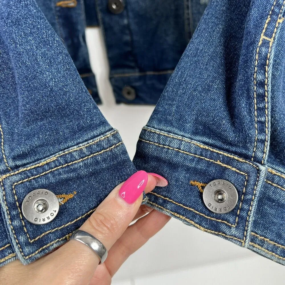 Torrid Plus 1X Trucker Jean Jacket Denim Blue Medium Wash Stretch Pockets NEW - Image 7