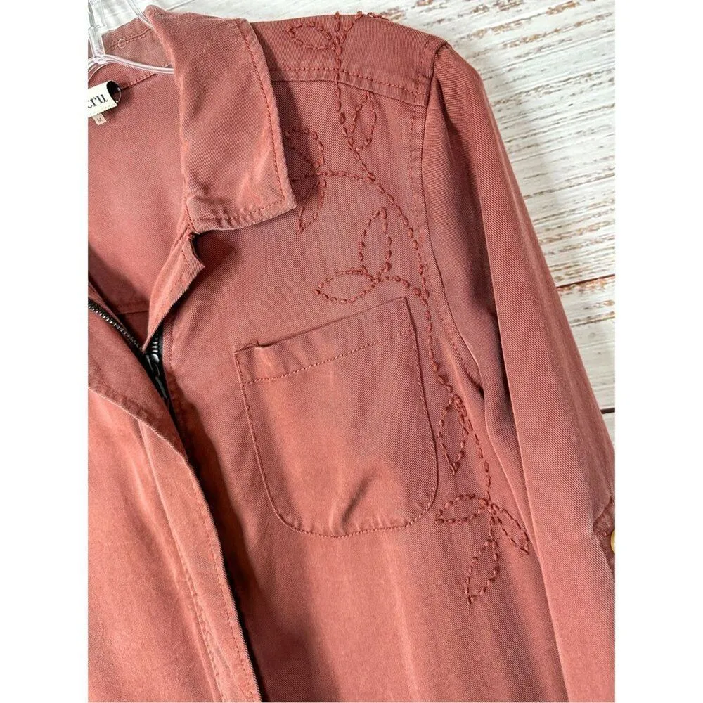 Ecru Women's Embroidered Drawstring Waist Cargo Utility Jacket Brick Size Medium - Image 4