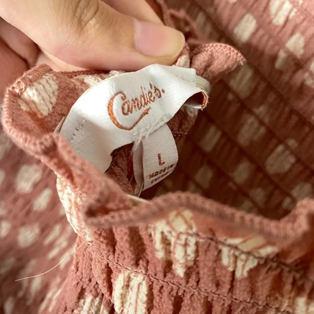 Candie's Smocked Sleeveless Polka Dot Halter Tie Jumpsuit Large Pink White New - Image 5