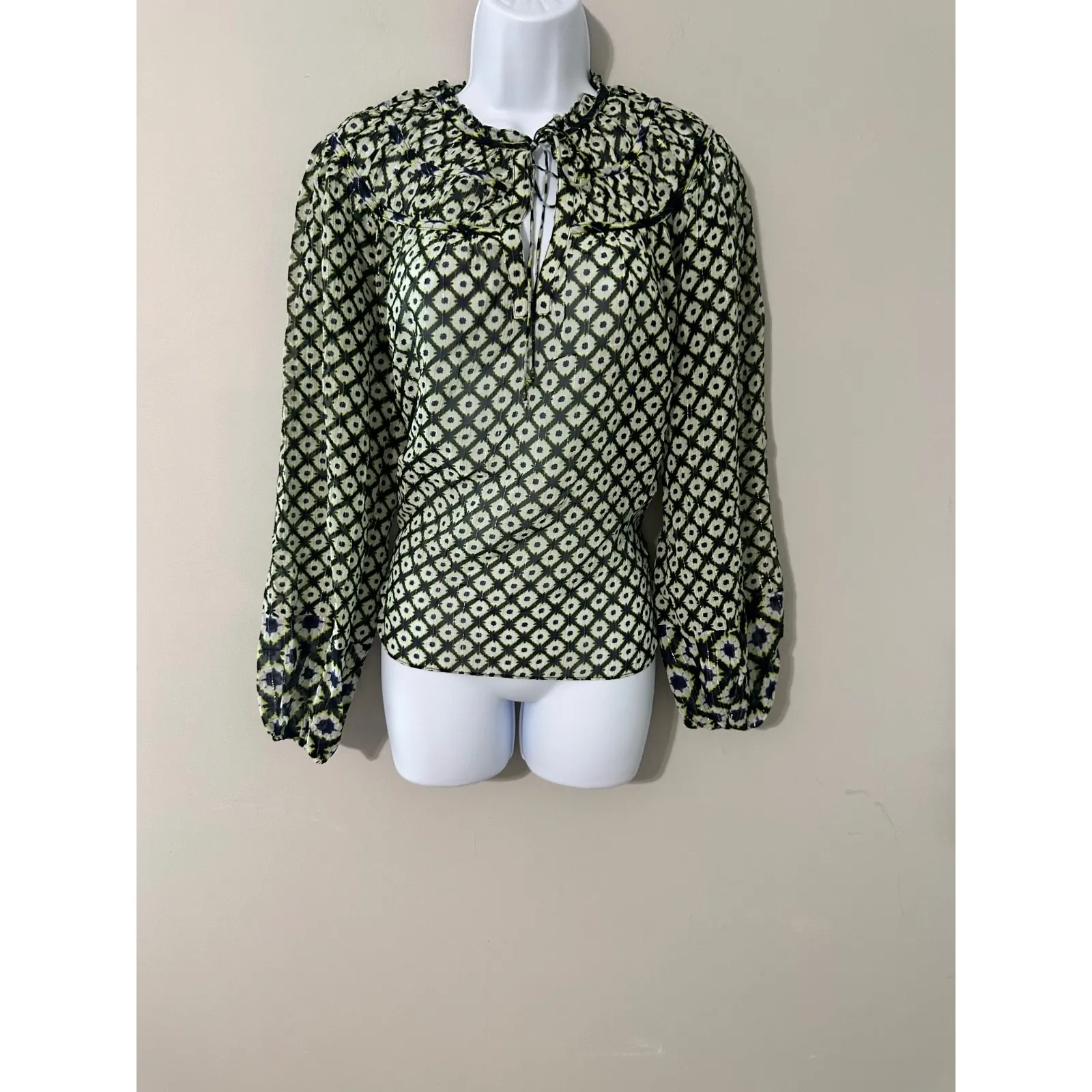 MARIE OLIVER‎ STORI SILK BLEND BLOUSE LATICE SHIBORI CITRUS EUC SIZE XS - Image 5