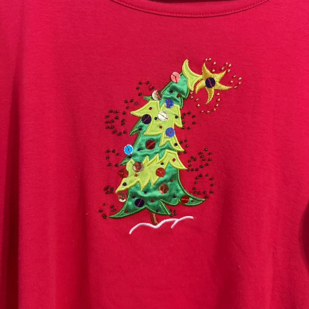 Festive Red Long Sleeve Top with Tree Design Size M - Image 2