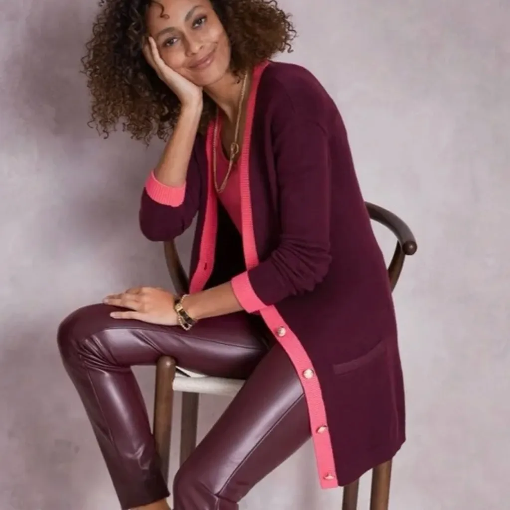 Women's Medium Talbots Tipped V-Neck Preppy Burgundy Pink Cardigan Sweater Class - Image 3